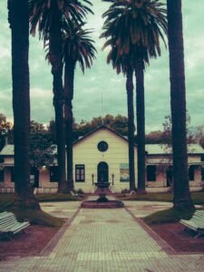 Charming historic building with palm trees in a tranquil park setting in Rosario, Argentina.